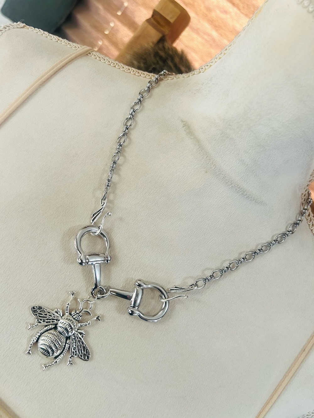 Handcrafted pony horse bit snaffle ring bumble bee pendant on chain necklace